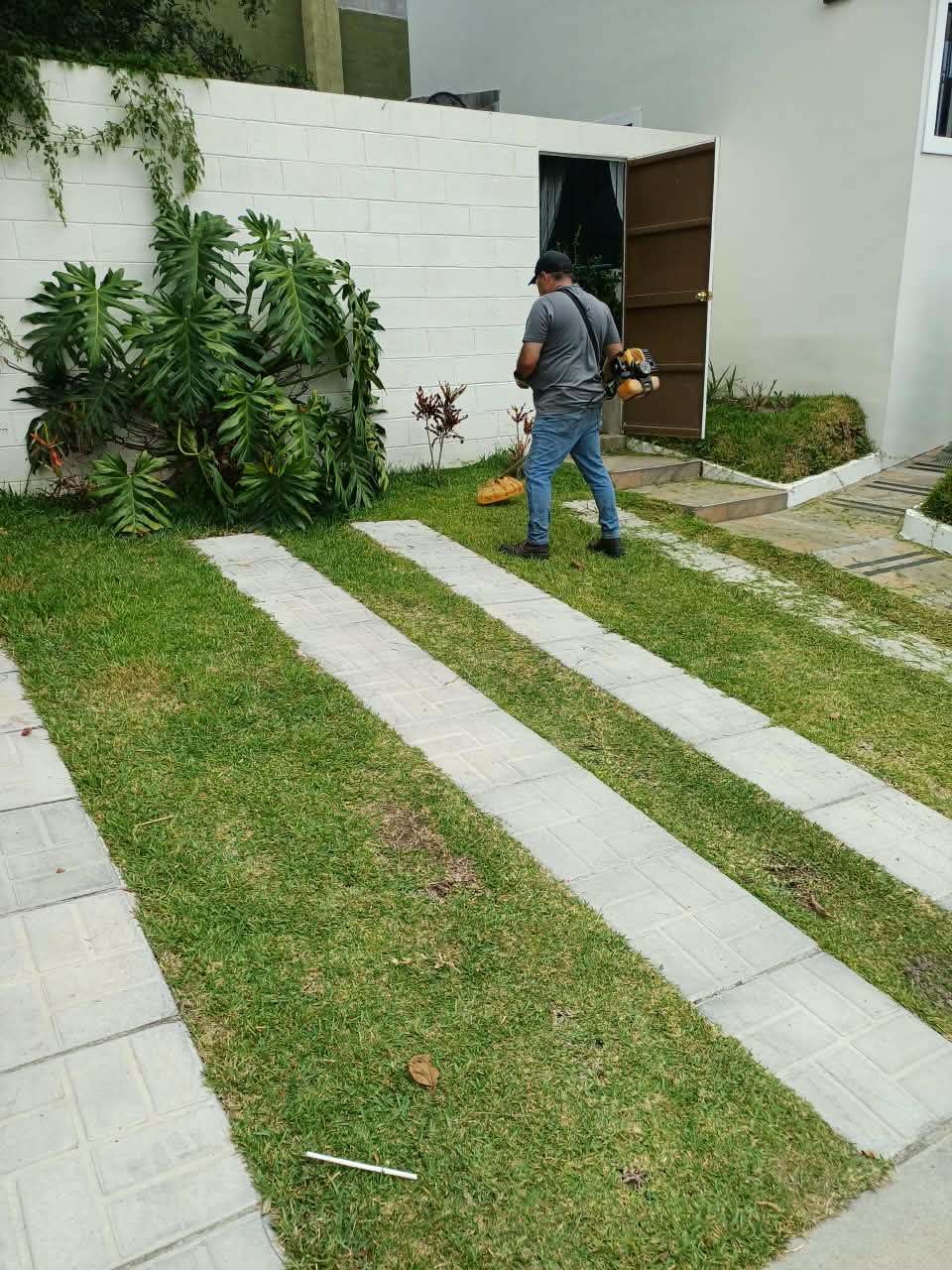 Técnico de INTEGRA 360° realizando mantenimiento de áreas verdes y poda en residencial
